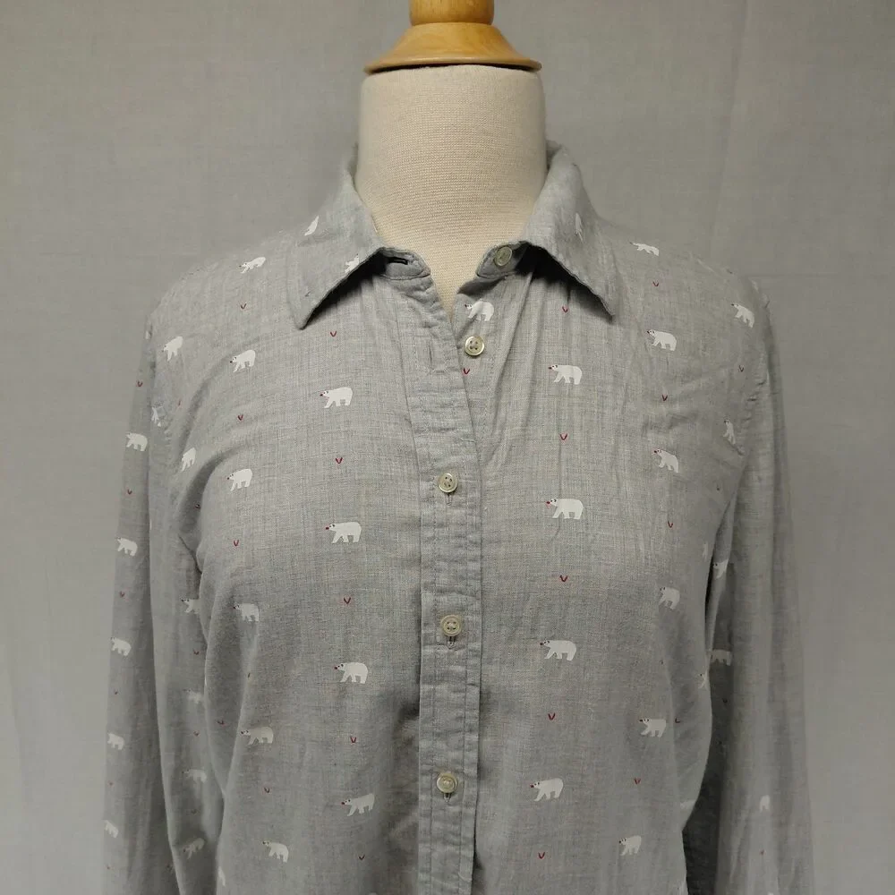 Talbots LS Polar Bear Button-Up Shirt 100% Cotton Light Gray Size Large - Picture 3 of 8